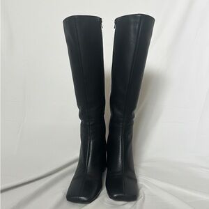 Black Knee-High Square-Toe Leather Boots Women's Tall Zip Boots